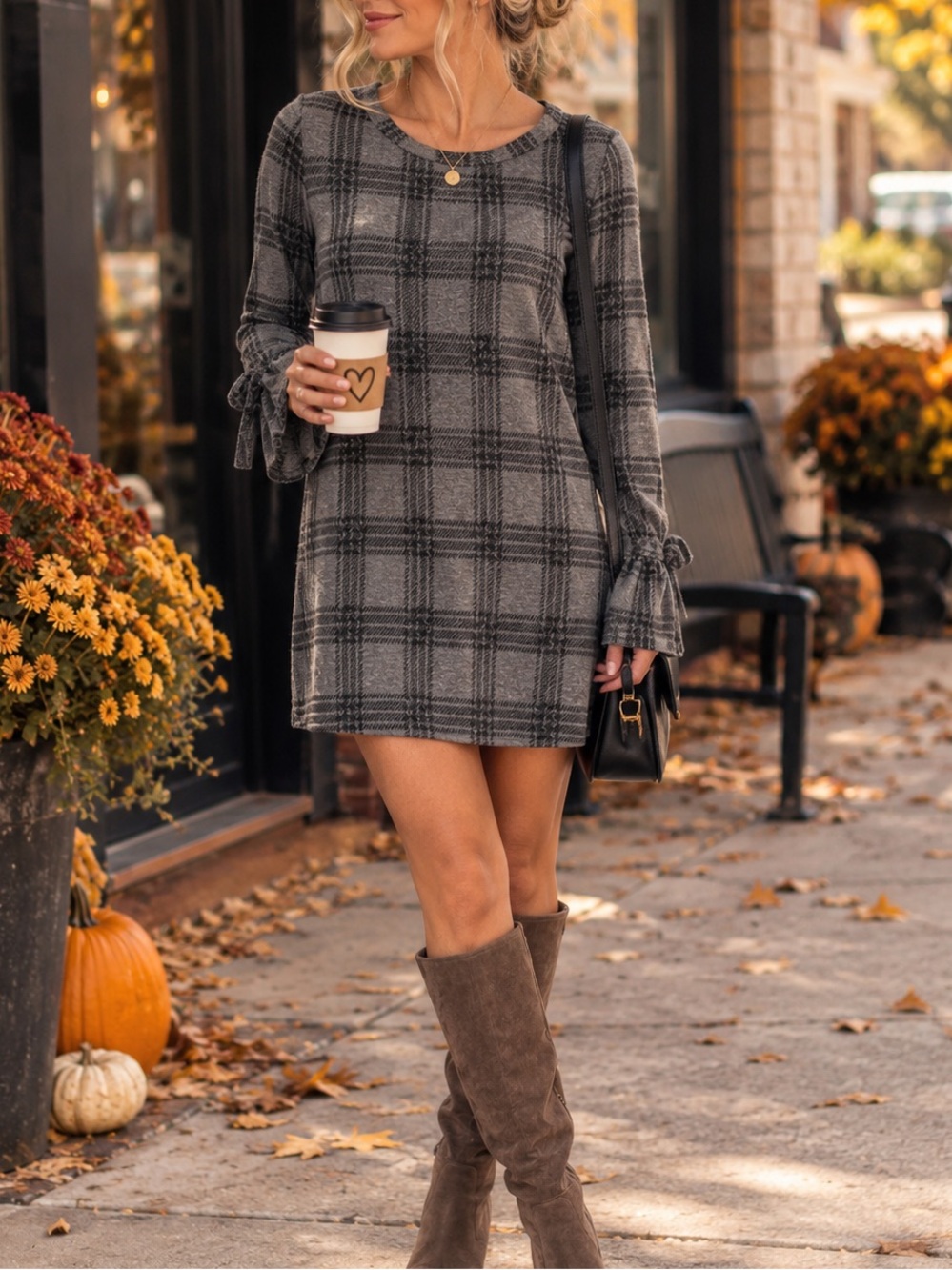 Everly M Gray Plaid Mini Shift Dress Long Sleeve Fall Casual